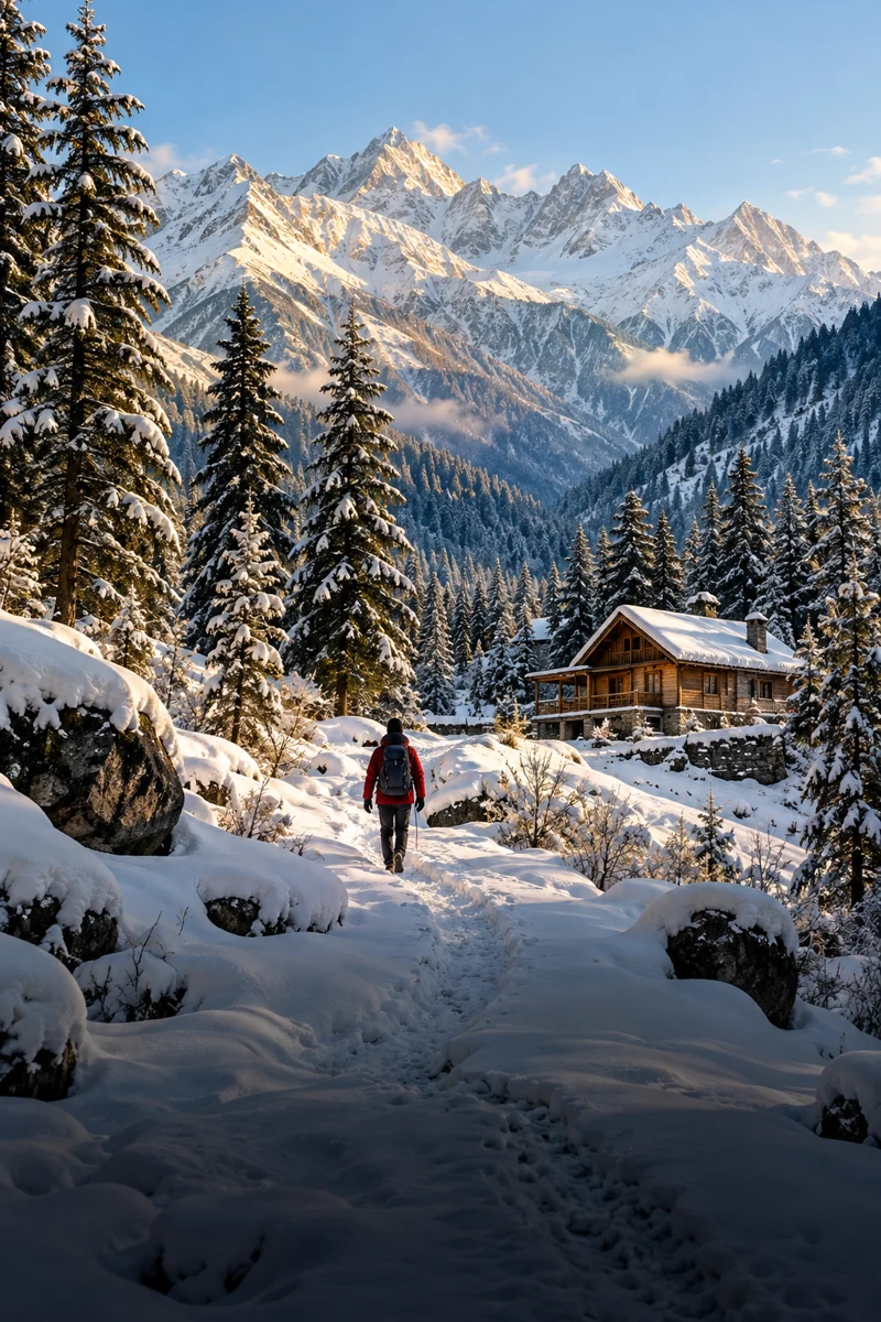 Snowy Himalayan peaks and pine forest with a wooden cabin near Manali