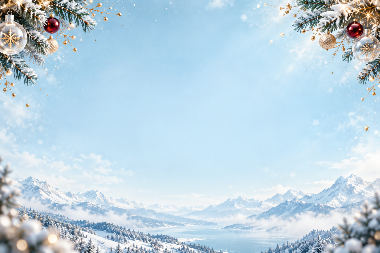 Snowy mountains framed by festive pine branches and ornaments